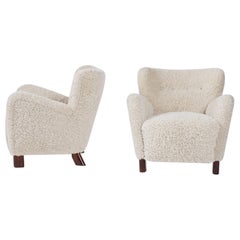 Fritz Hansen Pair of Easy Chairs in Beige Sheepskin, Model 1669, 1930s