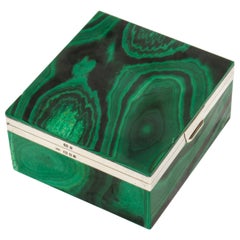 Coffret Art Déco ancien en malachite monté sur argent sterling, années 1925