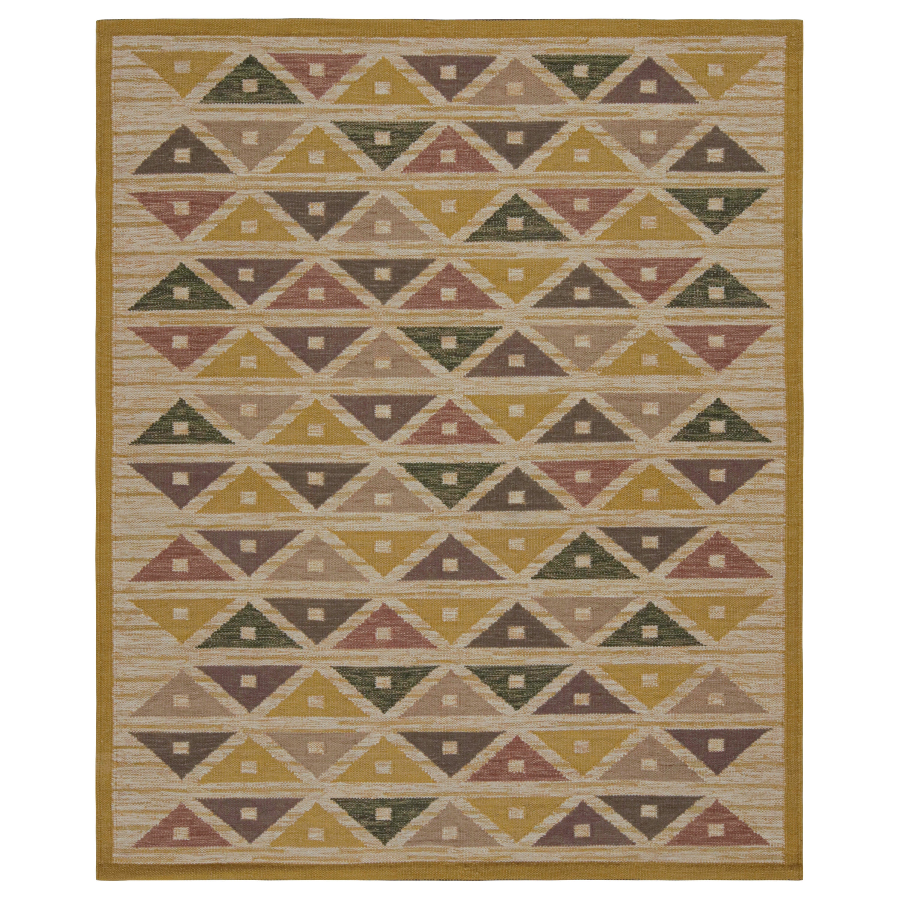 Rug & Kilim’s Scandinavian style Kilim rug in Gold & Brown Geometric Patterns For Sale