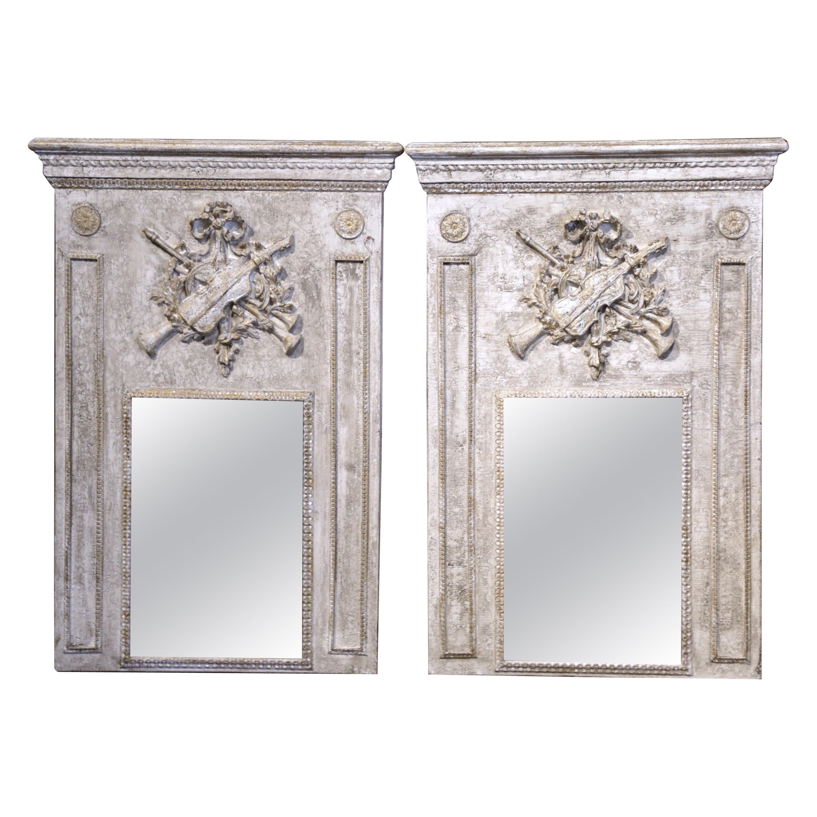 Pair of Vintage French Carved and Painted Trumeaux Mirrors from Normandy