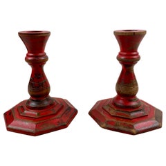 Antique French Pair of Red Patinated Turned Wood Parisian Theater Candlesticks 19th 