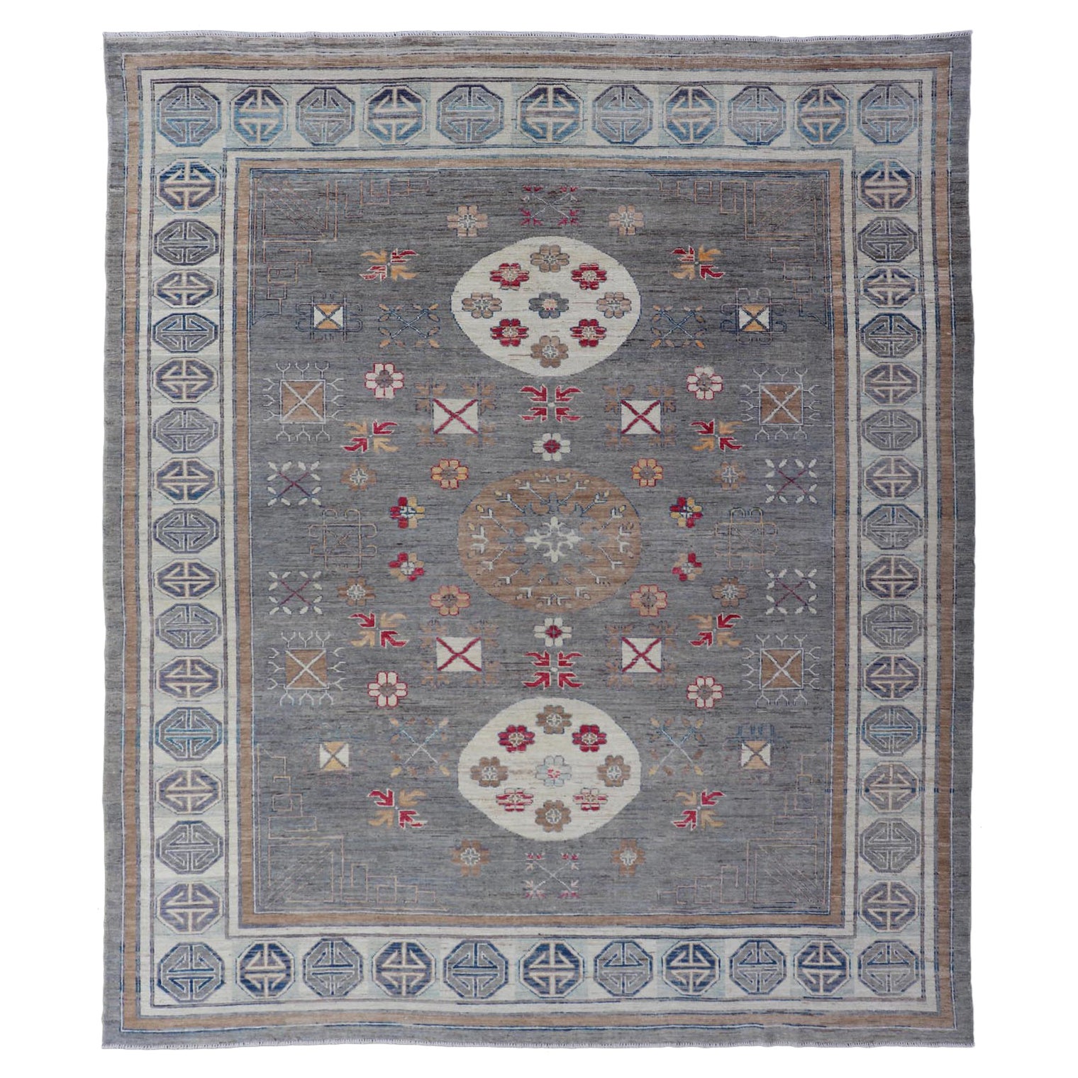 Modern Khotan Rug with Medallions in Shades of Gray, Red, and Brown For Sale