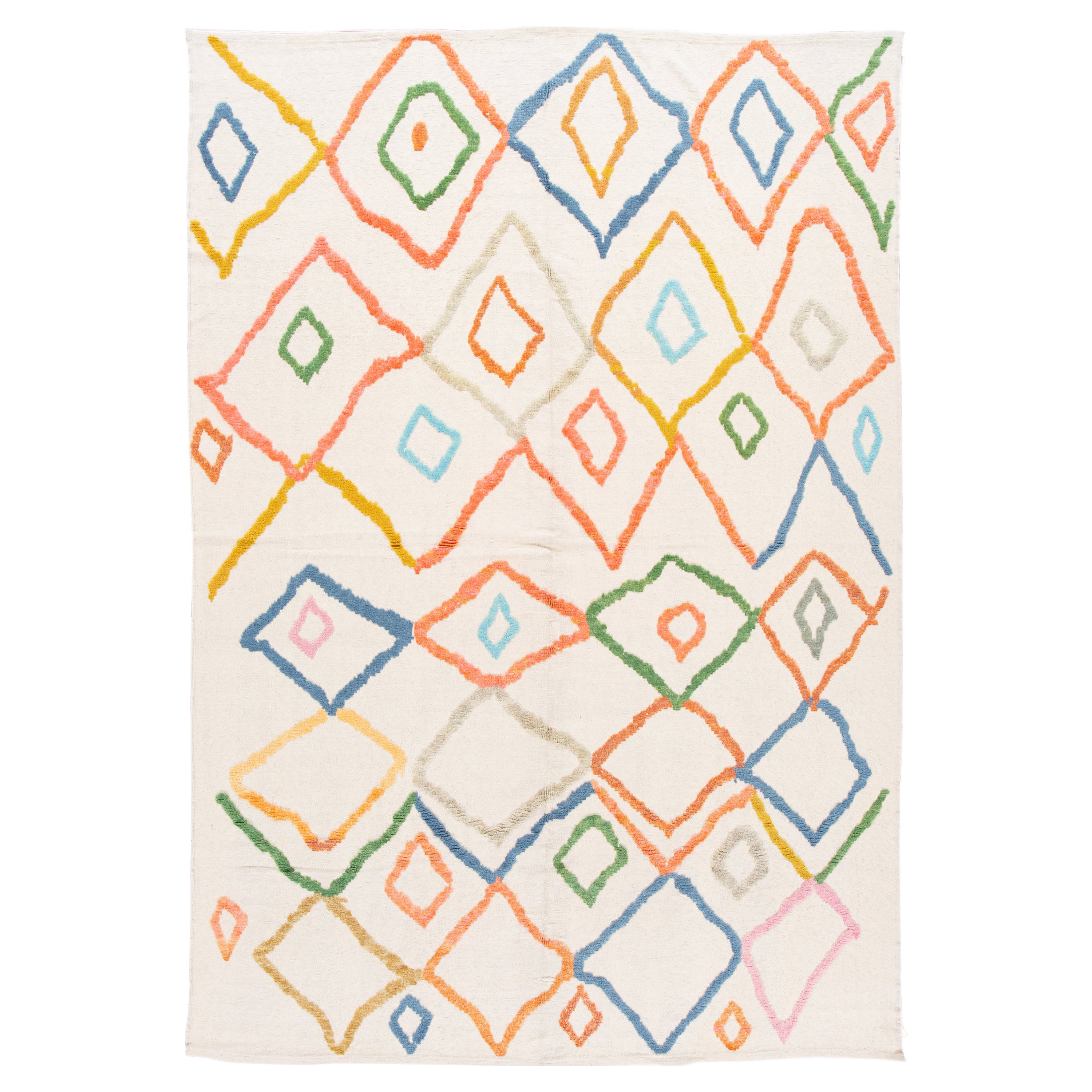 Modern Ivory Moroccan Style Wool Rug With Multicolor Tribal Design For Sale