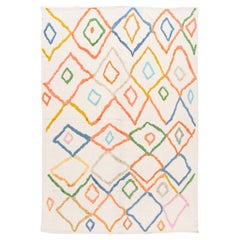  Modern Ivory Moroccan Style Wool Rug With Multicolor Tribal Design