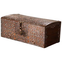 Antique 19th Century Spanish Polished Iron Box with Pierced Engraved Geometric Motifs