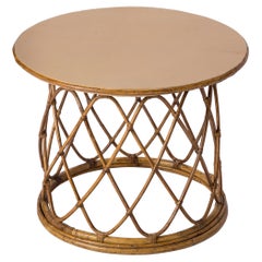 Sognot Style Braided Rattan & Light Brown Leather Top Side Table - France 1960's