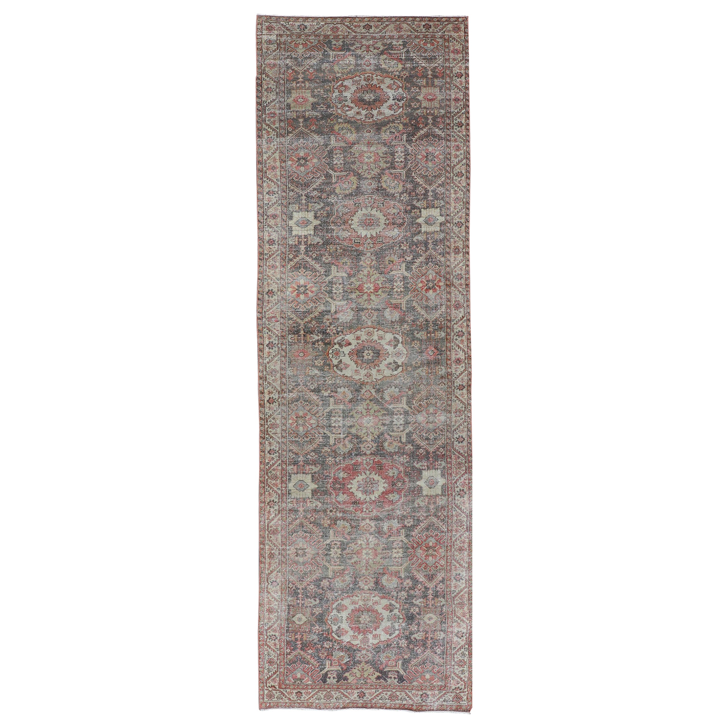 Antique Persian Sultanabad Gallery with Floral Design in Lt. Blue, Gray & Red For Sale