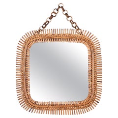 Midcentury French Riviera Square Wall Mirror in Bamboo and Rattan, Italy 1960s