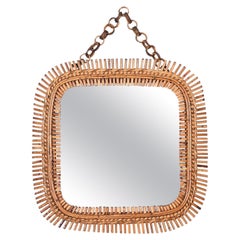 Vintage Midcentury French Riviera Square Wall Mirror in Bamboo and Rattan, Italy 1960s