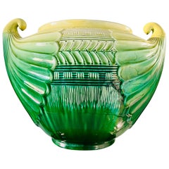 Antique Art Nouveau Ceramic Cachepot in Green and Yellow by SCI Laveno, Italy c. 1910