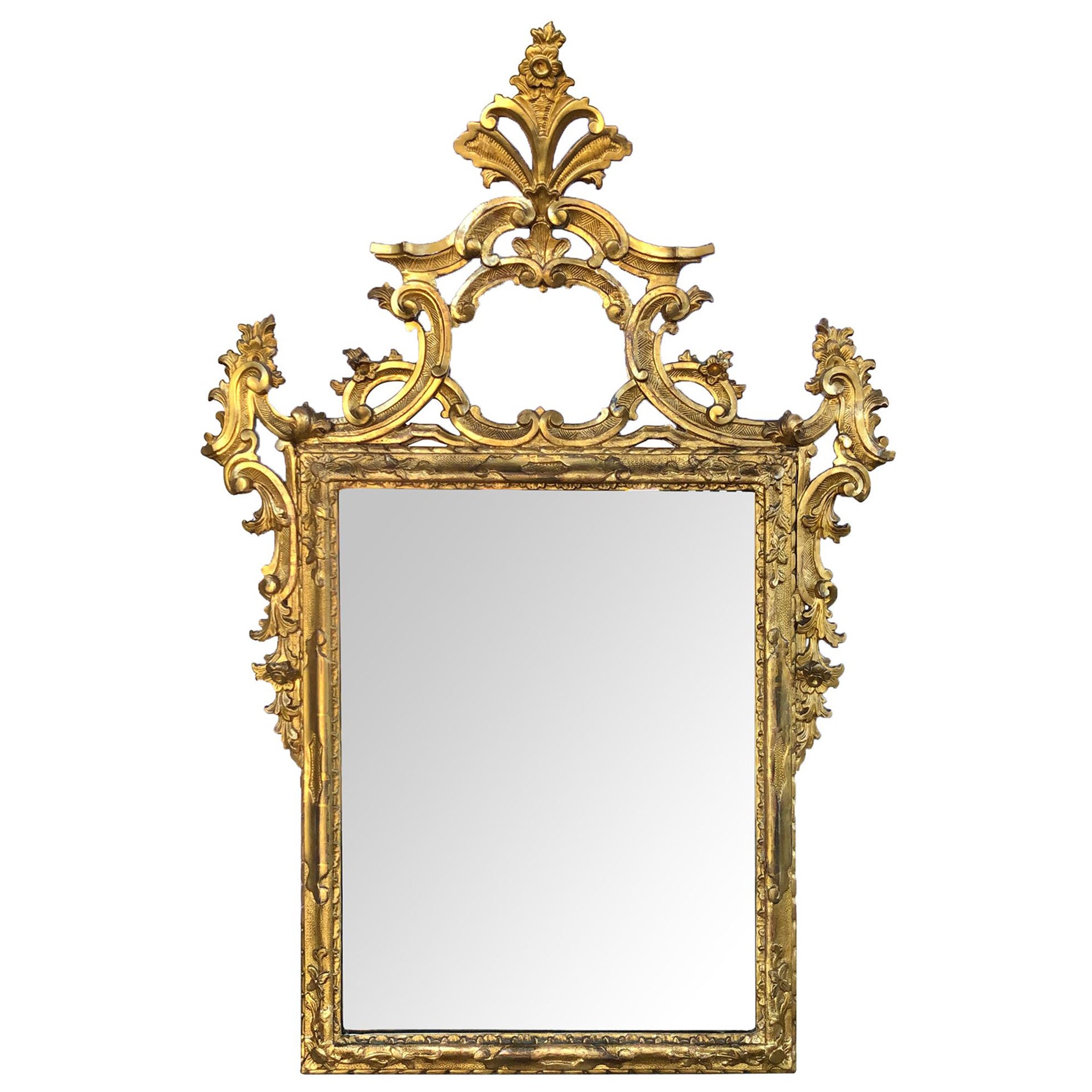 Well-carved English George II Style Giltwood Mirror with Dramatic Crest For Sale