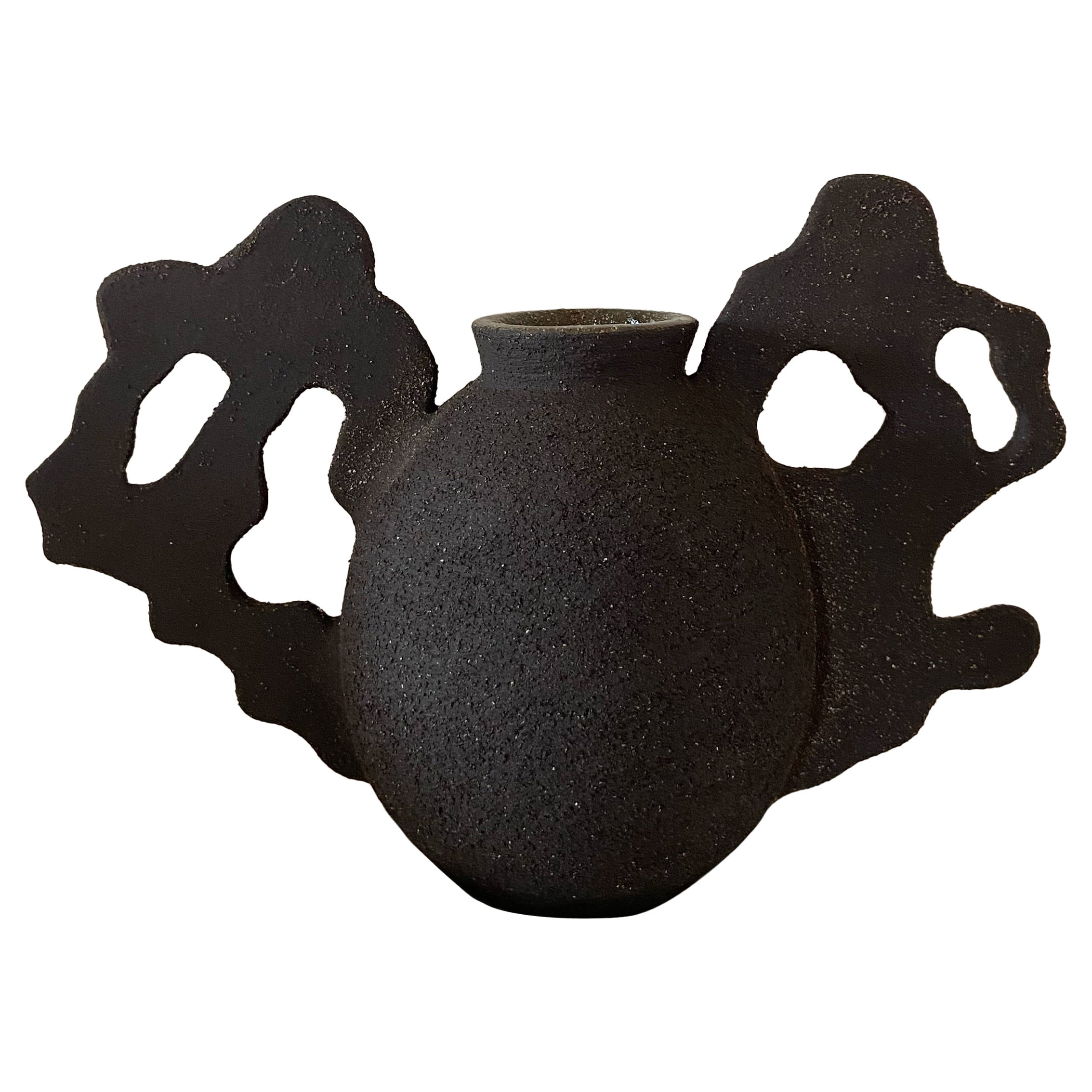 Contemporary Ruby Bell Ceramics Black Round Vessel with Organic Side Detail For Sale