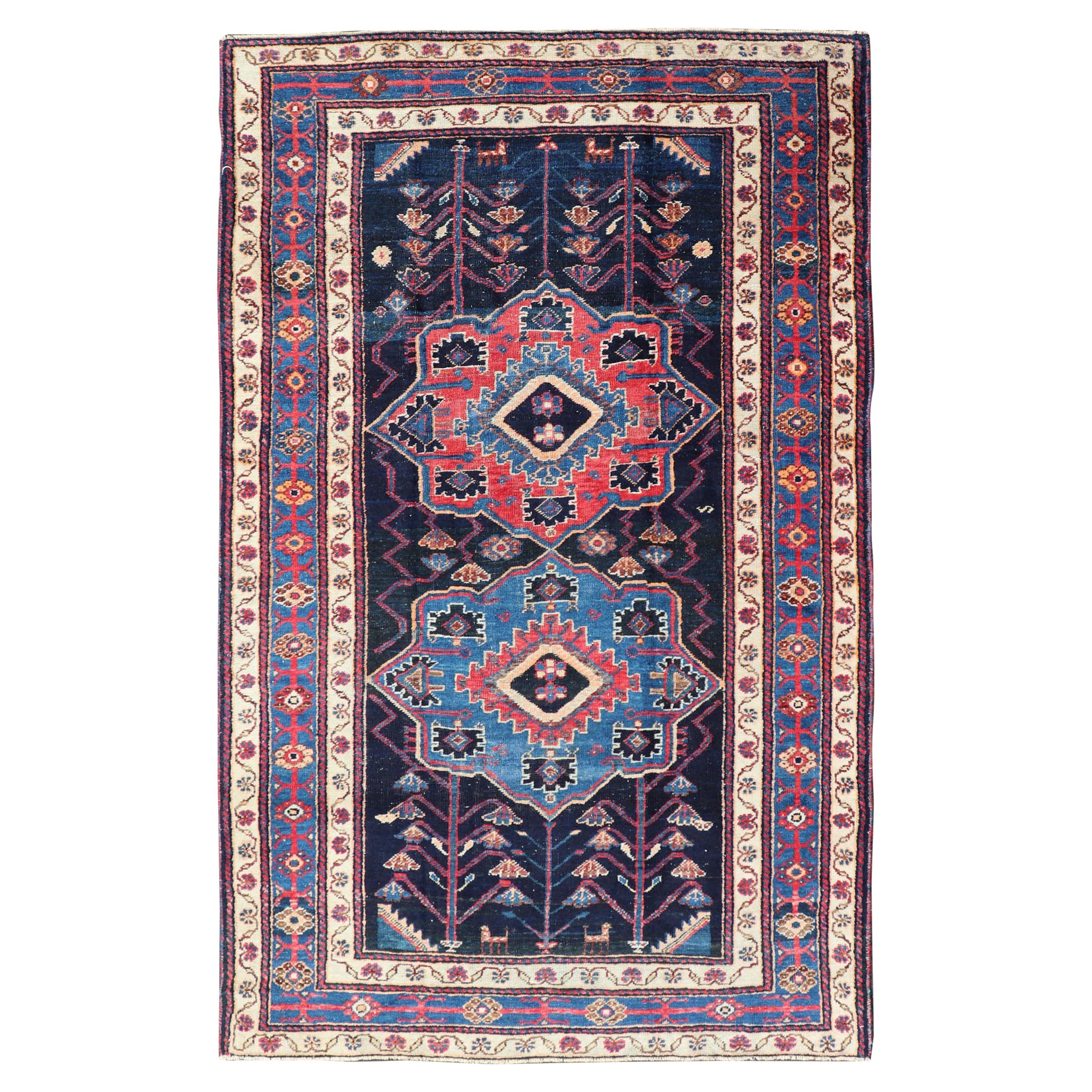 Antique Persian Kurdish Tribal Rug in Sub-Geometric Medallion Design