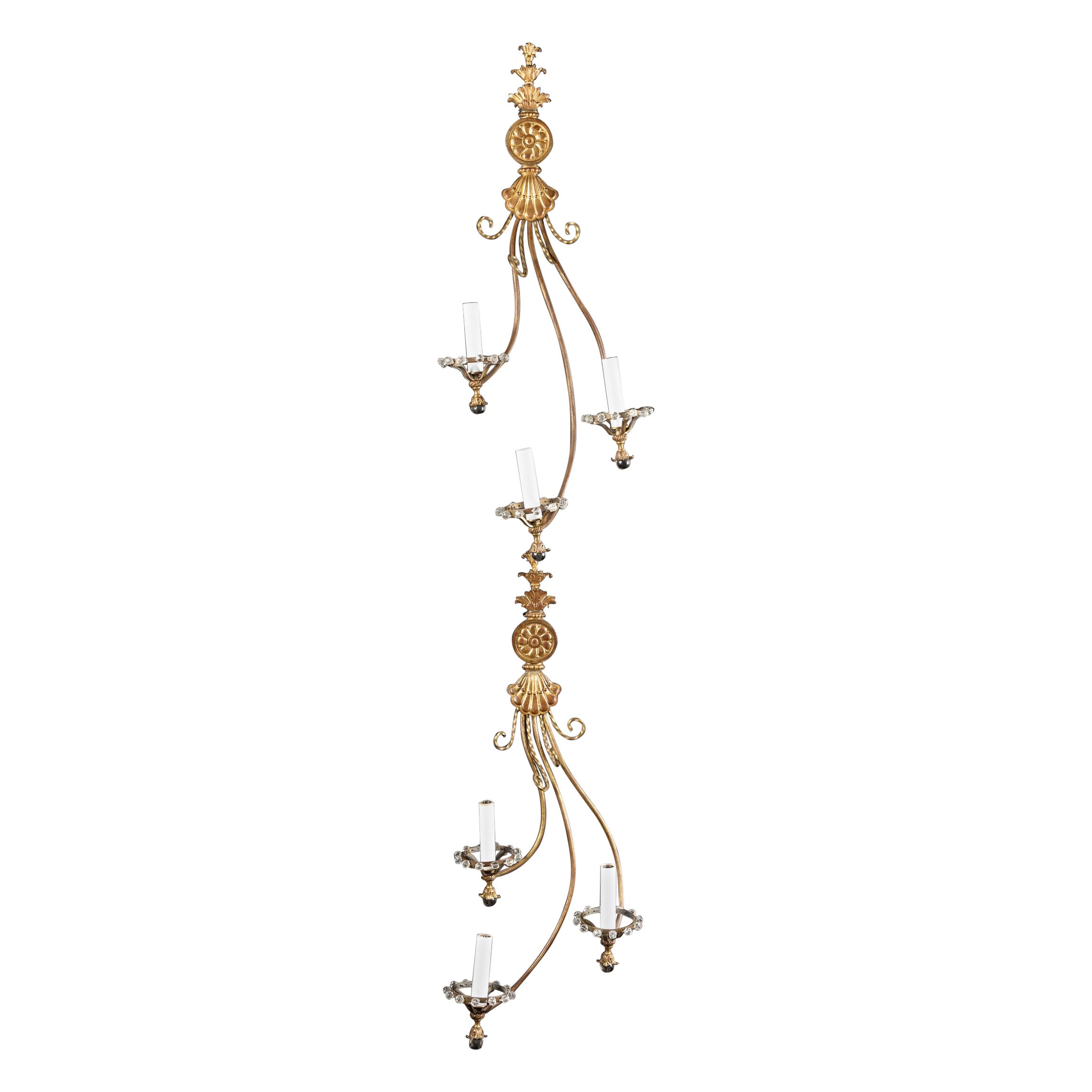 Pair of Unique Elongated Bronze and Crystal Art Nouveau Sconces, 4 Available