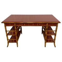 Vintage Bamboo Desk with Red Lacquer Top by Baker