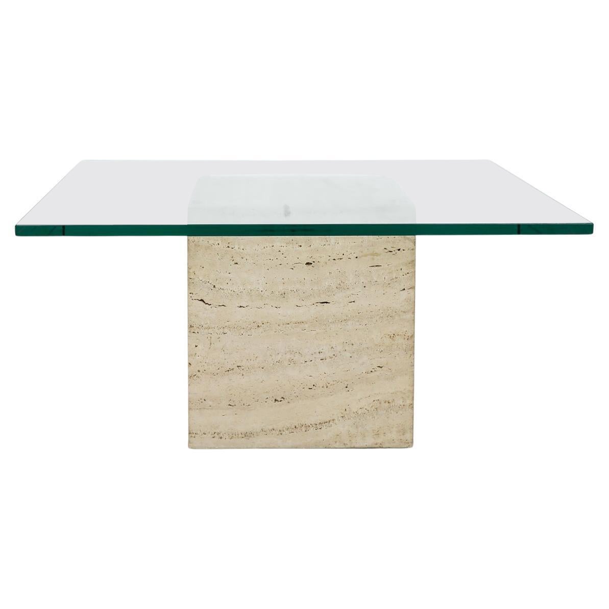 Mid-Century Saporiti Inspired Travertine Coffee or Side Table with Glass Top