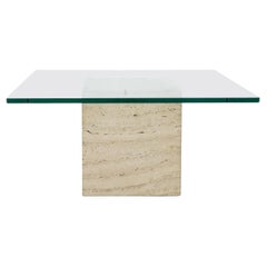 Retro Mid-Century Saporiti Inspired Travertine Coffee or Side Table with Glass Top