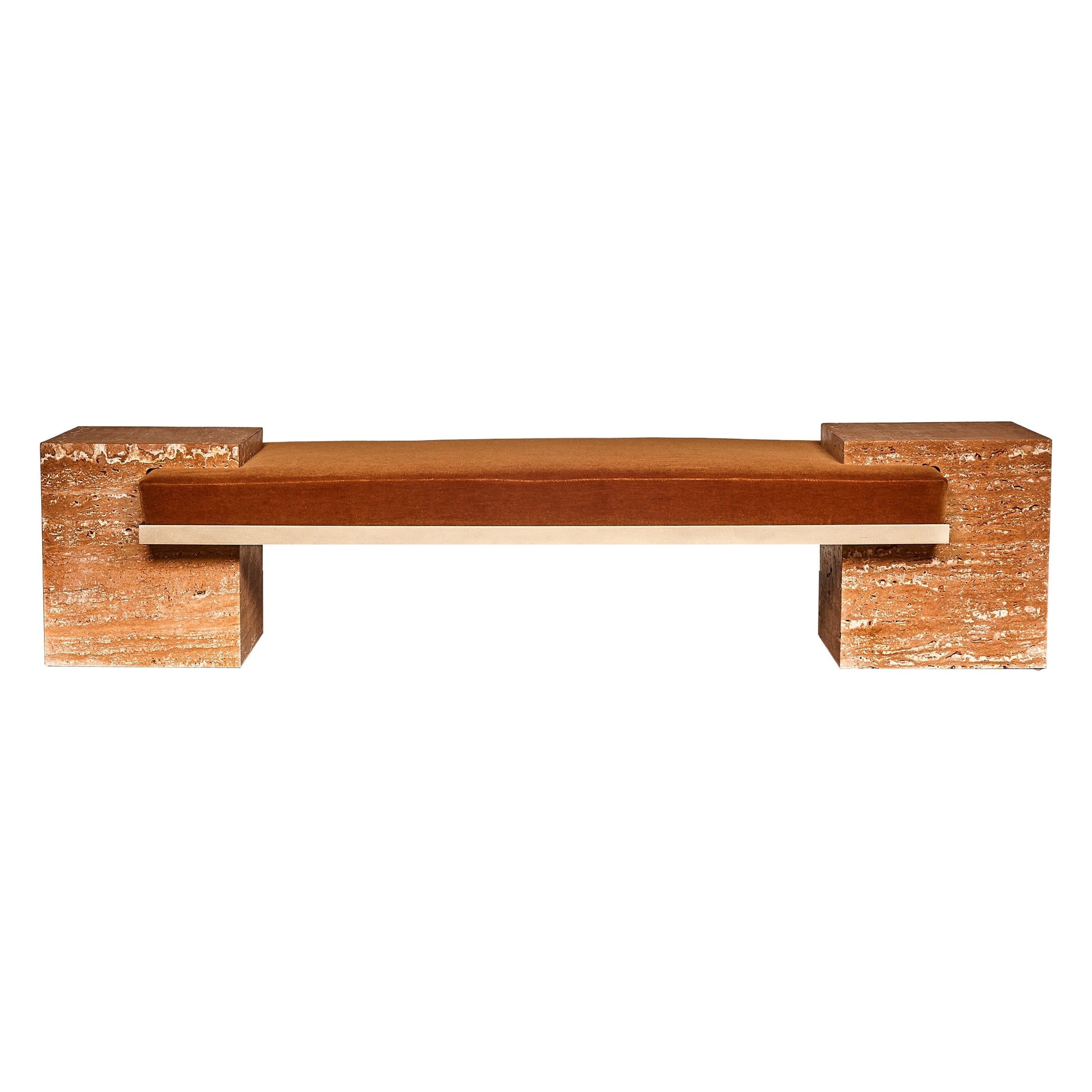 Orange Travertine, Brass, and Cognac Mohair Coexist Bench by Slash Objects For Sale