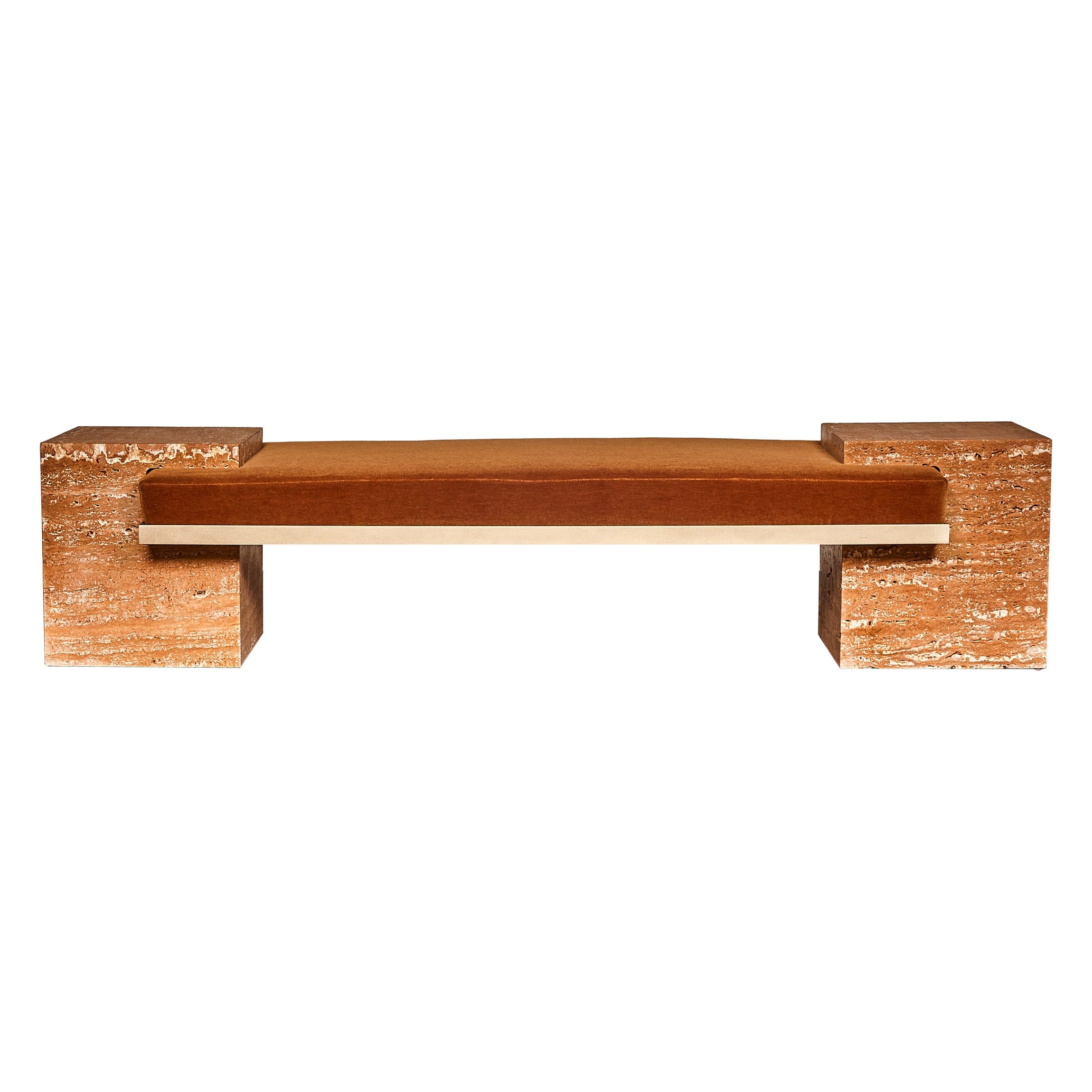 Panca Coexist in travertino arancione, ottone e mohair color cognac di Slash Objects