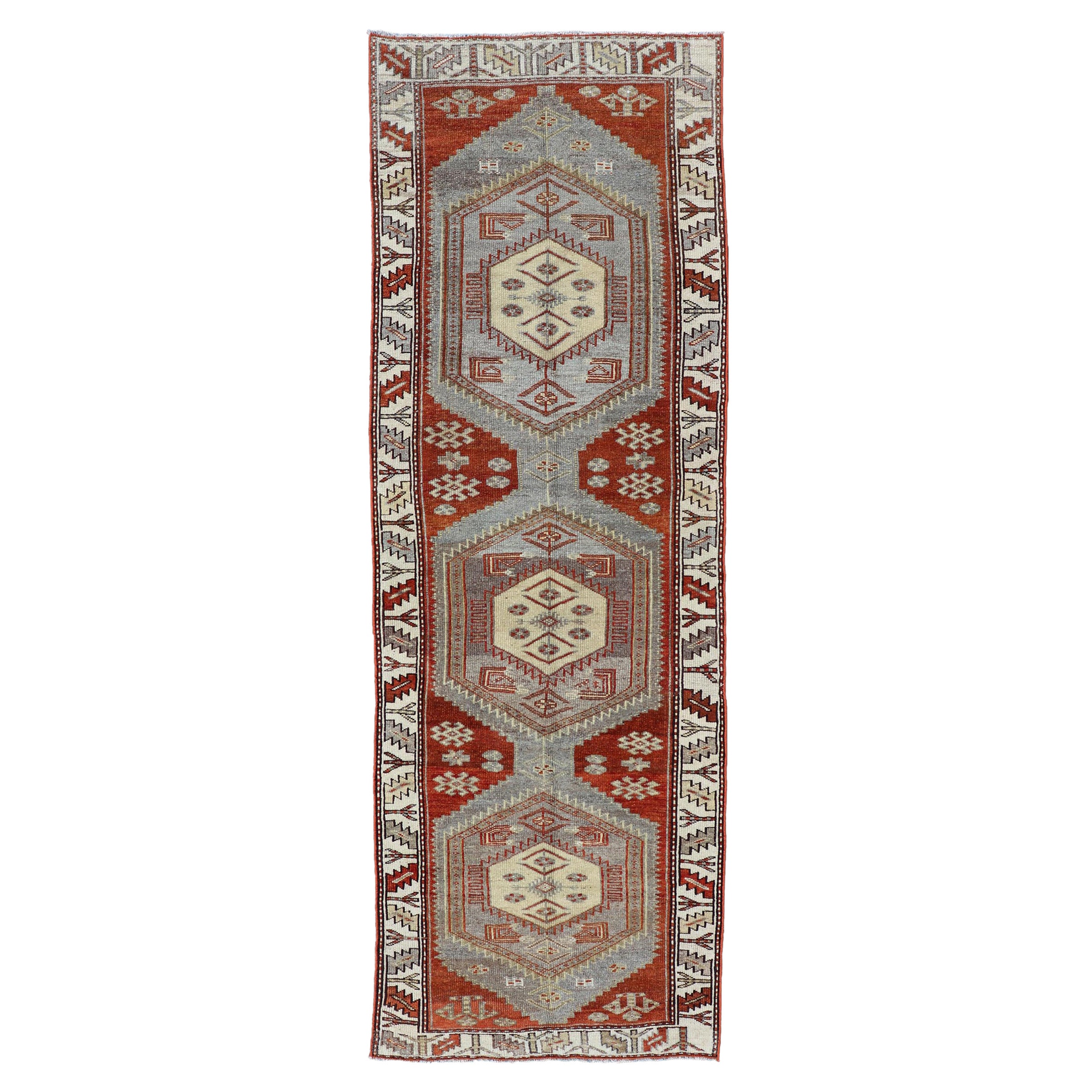 Antique Persian Malayer Runner With Medallions in Gray and Terracotta