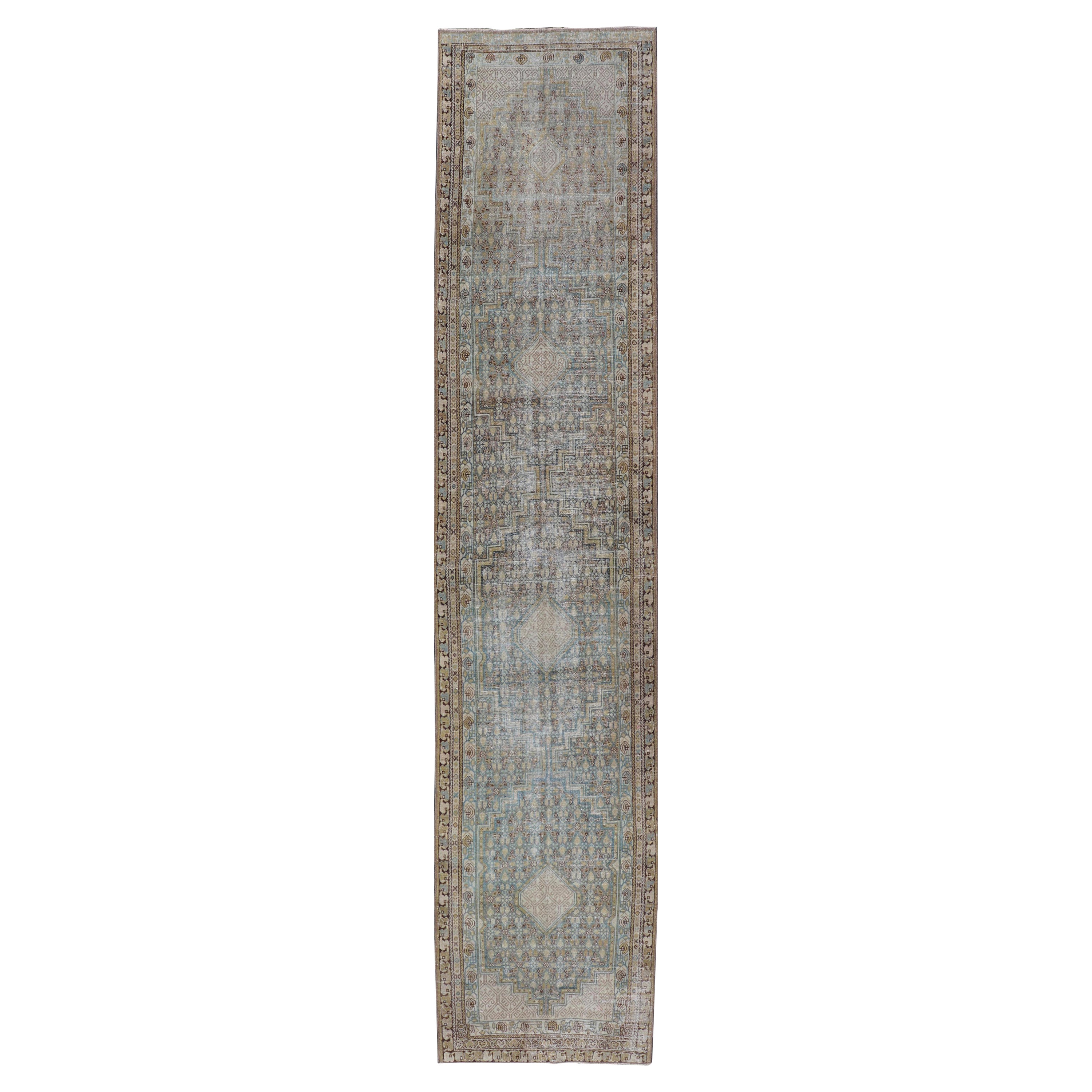 Persian Malayer Runner with Sub Geometric Medallions in Light Blue Field  For Sale