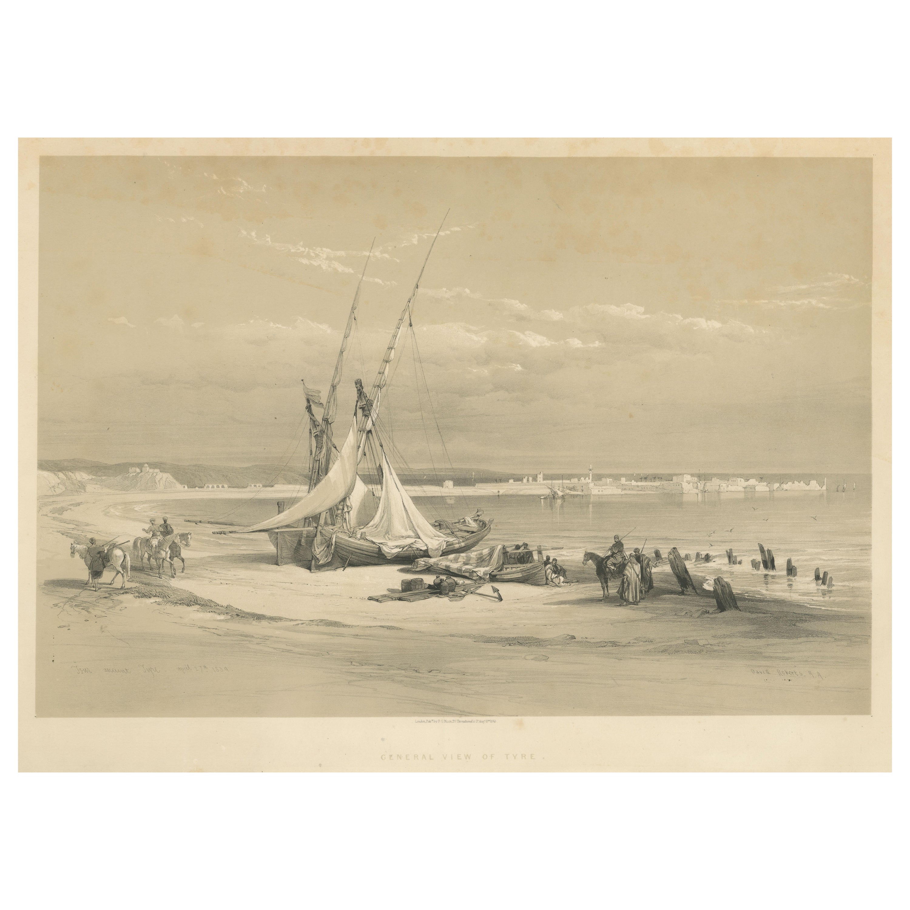 Lithographie originale teintée d'une vue de Tyr, Liban, vers 1845 en vente