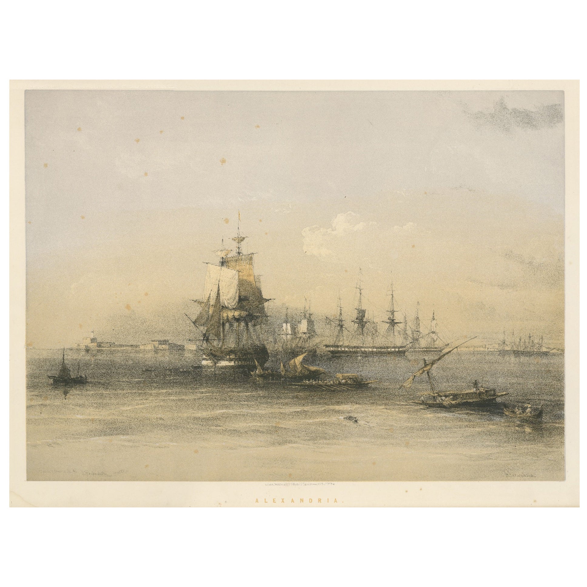 Tinted lithograph with a view of Alexandria, Egypt For Sale
