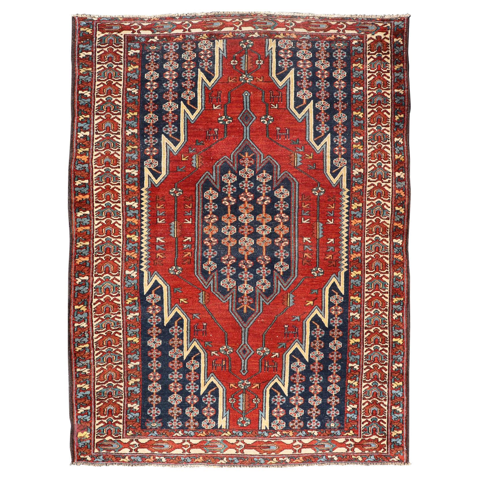 Antique Persian Malayer Multicolor Rug Medallion & Geometric Design 4'7 x 6'4