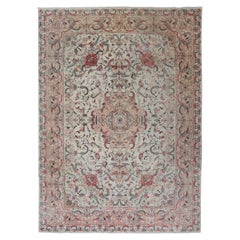 Tappeto a medaglione in lana e seta Vintage Fine Tabriz Design con fiori intricati