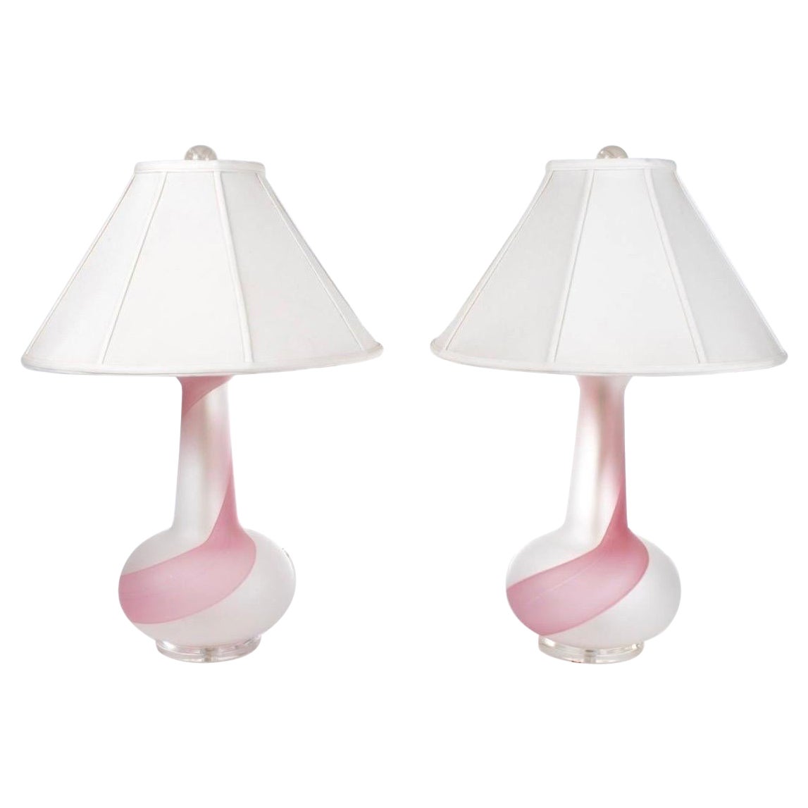 Pair of Italian Pink Swirl Murano Art Glass Lamps