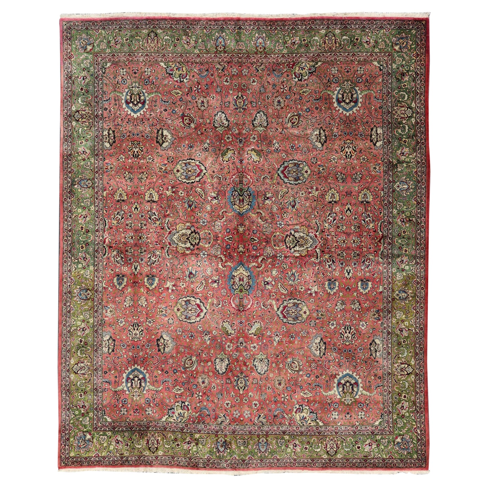 Large Square Size Vintage Persian Tabriz Rug  in Coral Pink and Acid Green For Sale
