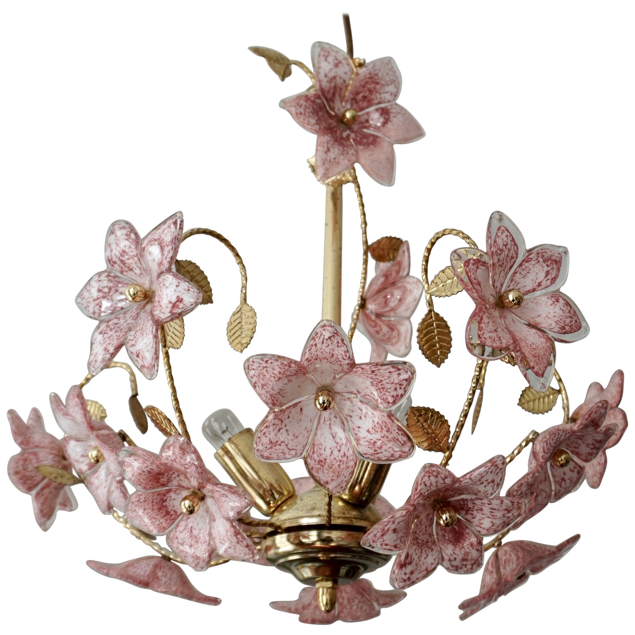 Murano Chandelier with Pink White Flowers For Sale