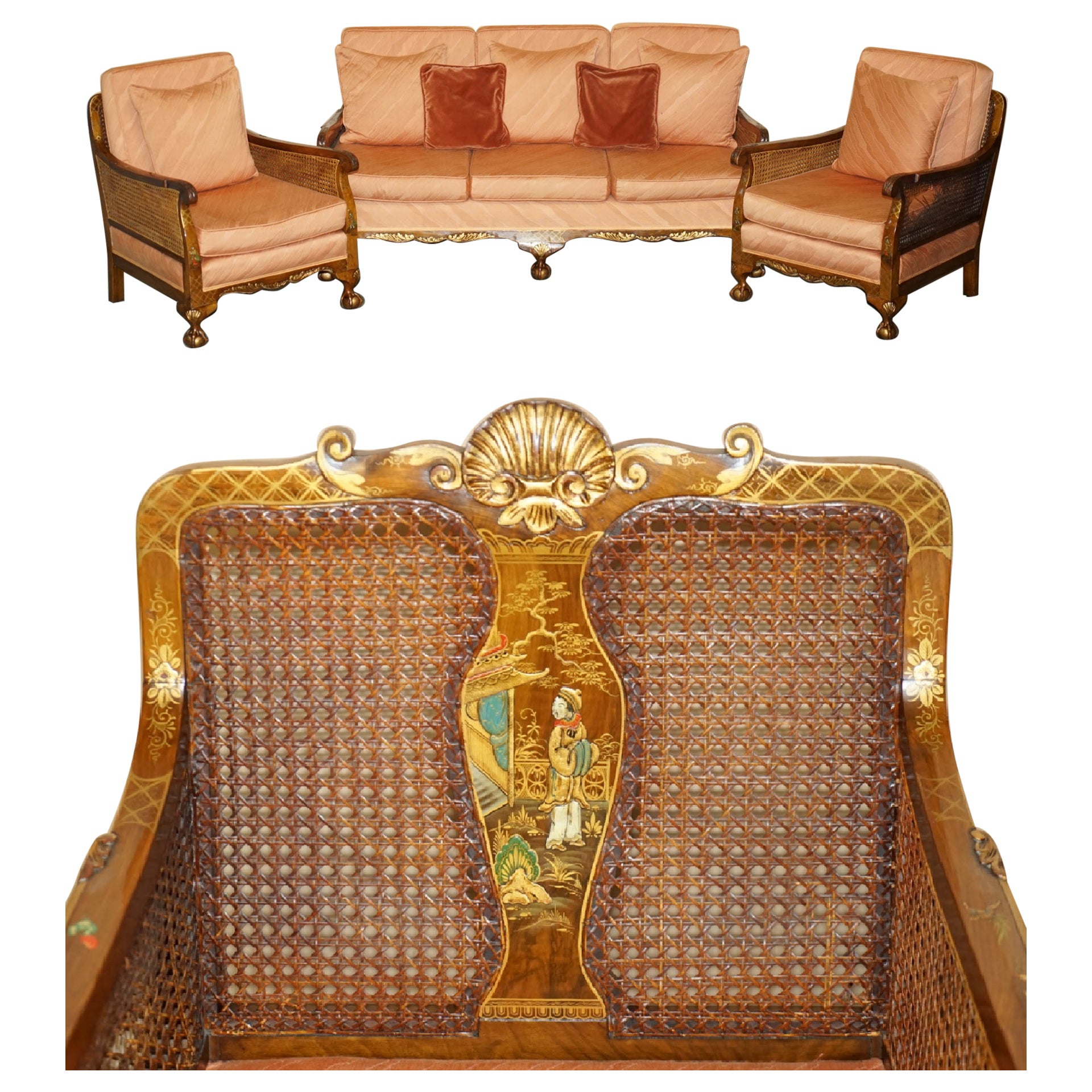 1920's WALNUT & CHINOISERIE 3 PIECE BERGERE SOFA ARMCHAIR SUITE FOR RESTORATION