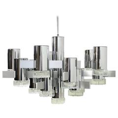 Large 1970s Gaetano Sciolari Chrome and Glass Studio Chandelier 16 Lights