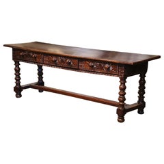 17th Century Spanish Carved Walnut Single Plank Top Three-Drawer Console Table 