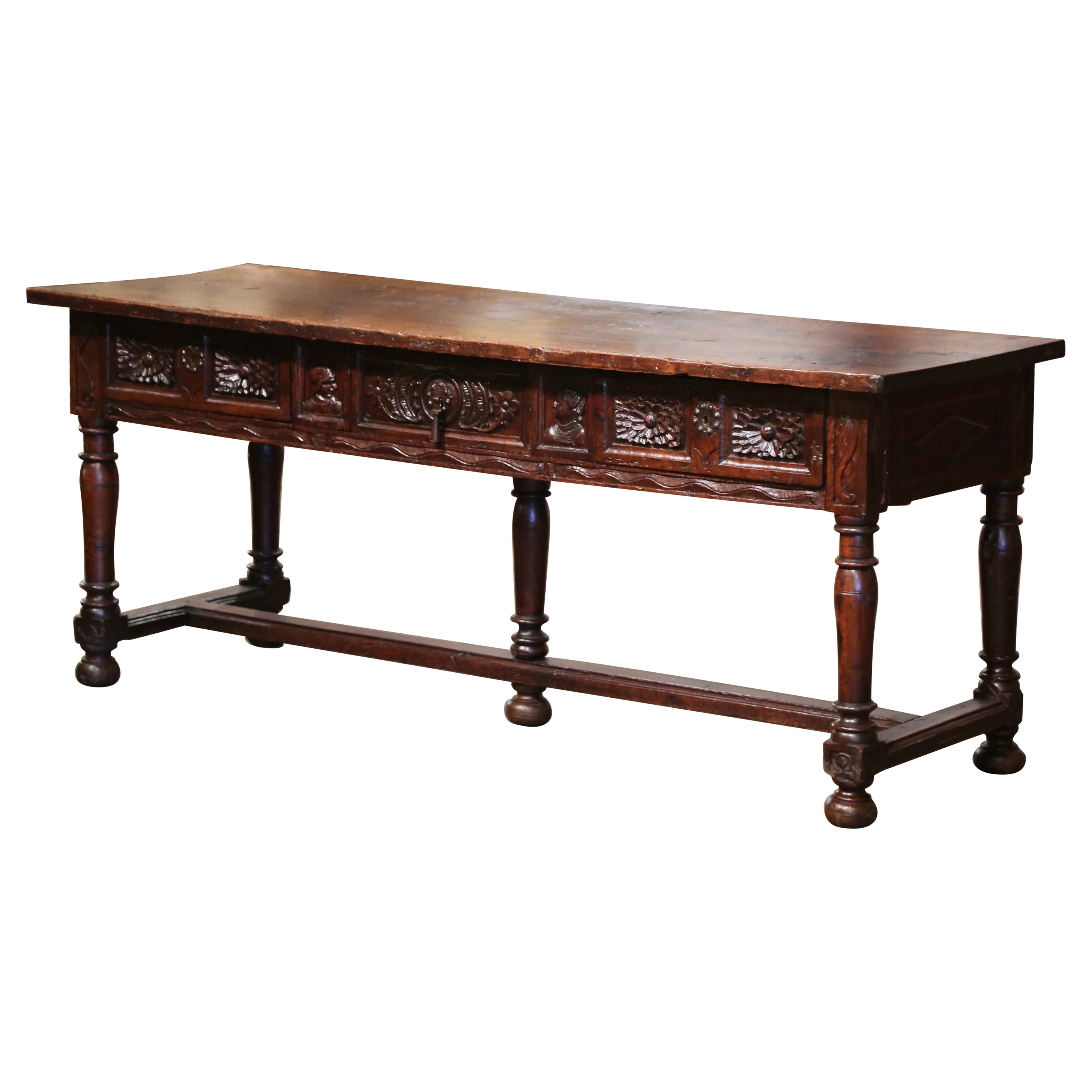 17th Century Spanish Carved Walnut Five-Leg Single Plank Top Console Table 