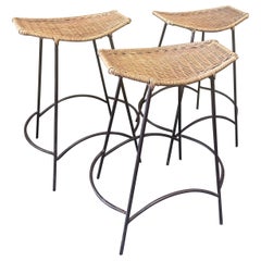 Set of Three American MCM Iron & Wicker Counter / Barstools by Arthur Umanoff