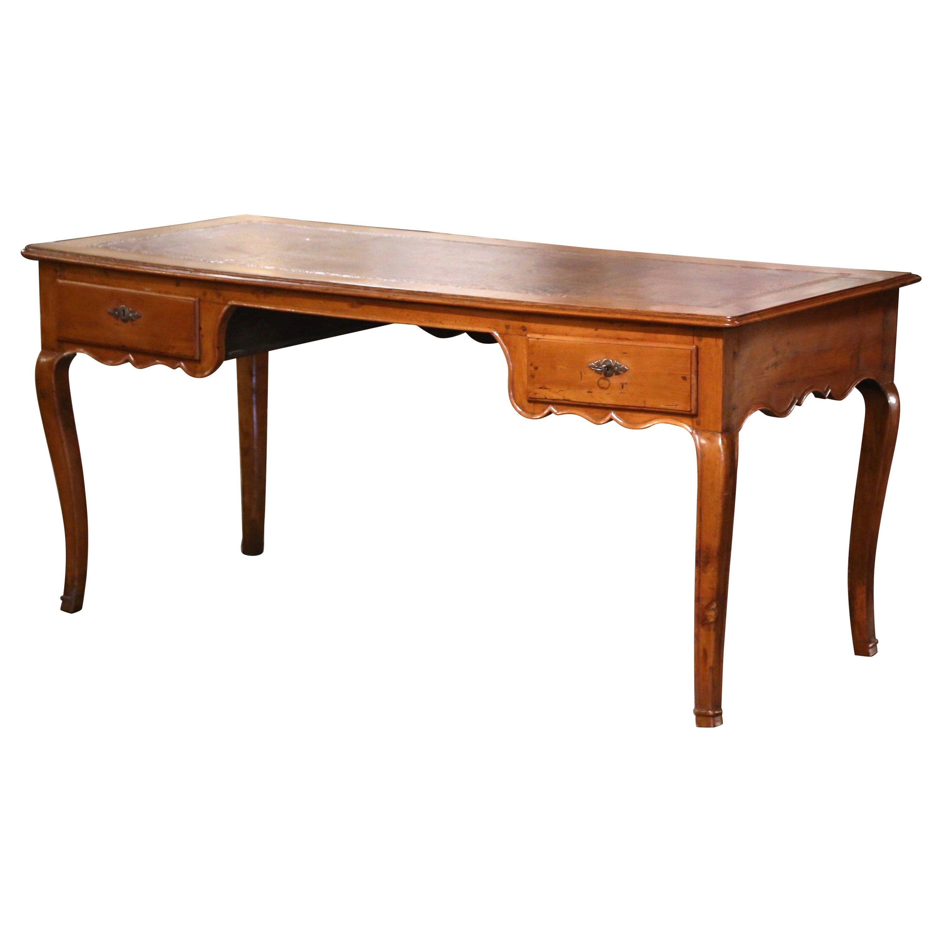 19th Century French Louis XV Brown Leather Carved Cherry Writing Table Desk