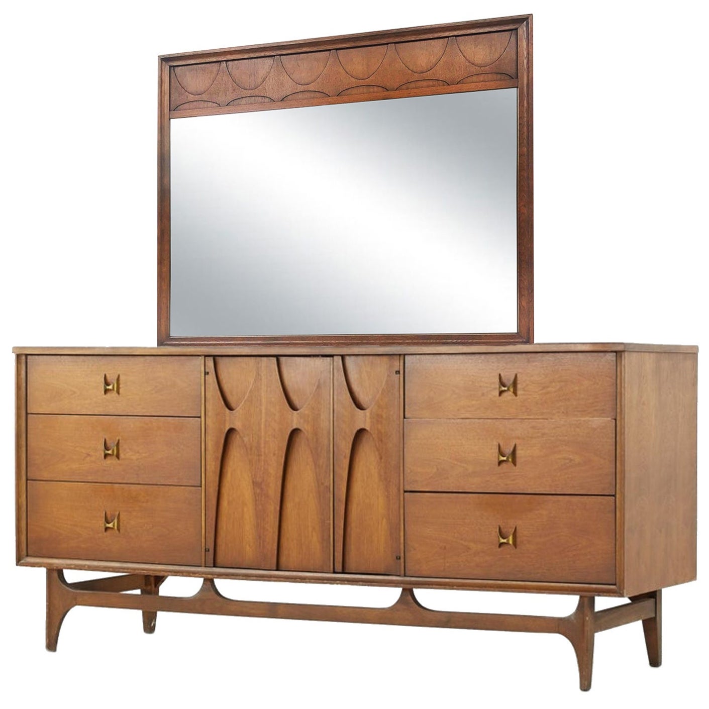 Lightly Restored Broyhill Brasilia Walnut & Brass 9-Drawer Long Dresser & Mirror