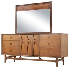 Used Lightly Restored Broyhill Brasilia Walnut & Brass 9-Drawer Long Dresser & Mirror