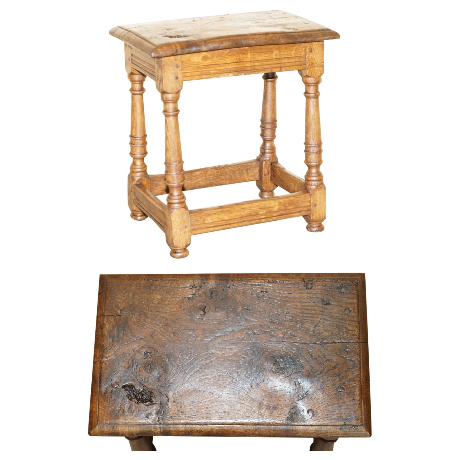 STUNNiNG HEAVILY BURRED OAK ANTIQUE 18TH CENTURY CIRCA 1780 JOINTED STOOL TABLE For Sale
