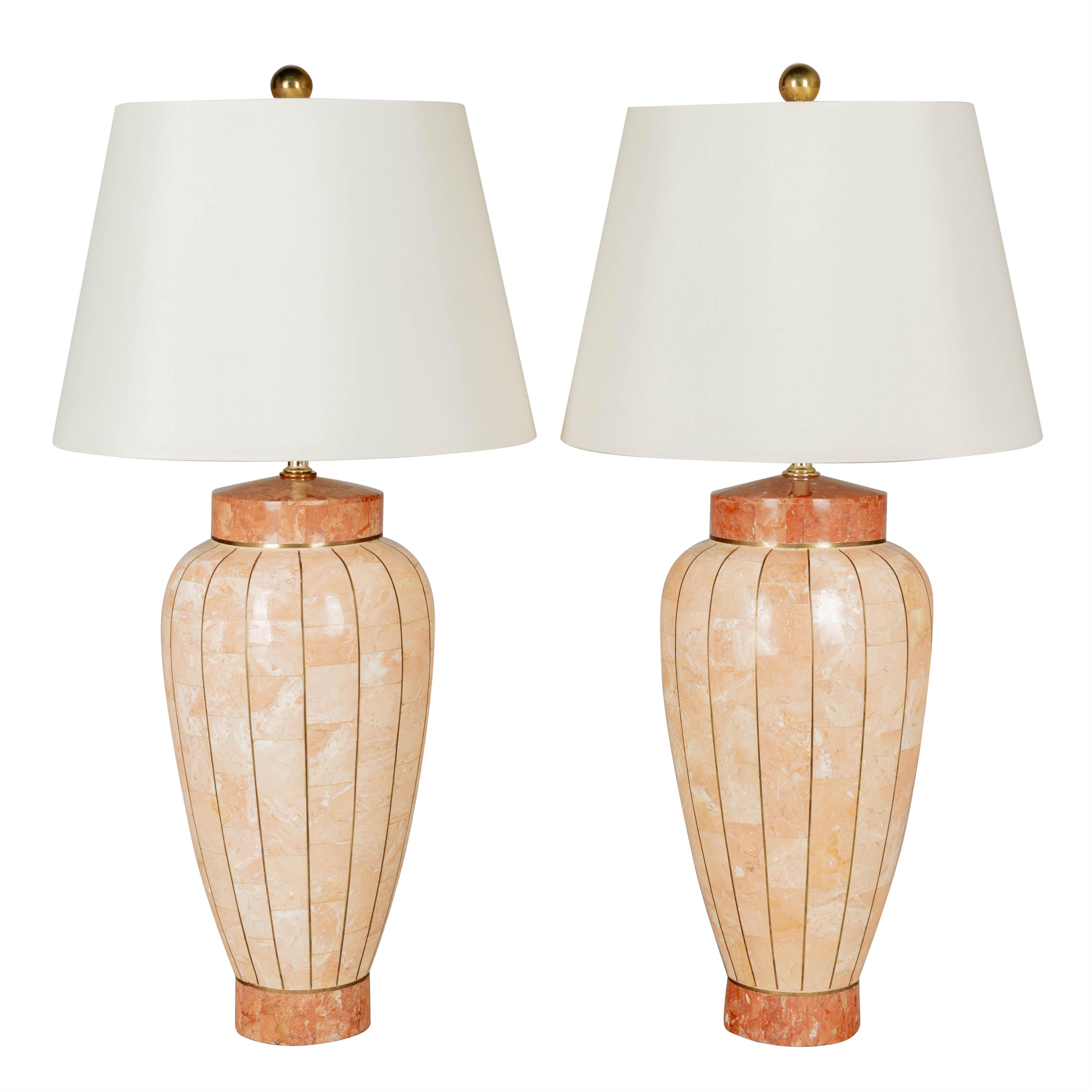 Maitland Smith Tessellated Stone Brass Inlay Table Lamps Pair For Sale