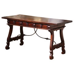 19th Century Spanish Carved Walnut & Iron Desk Table with Single Plank Top