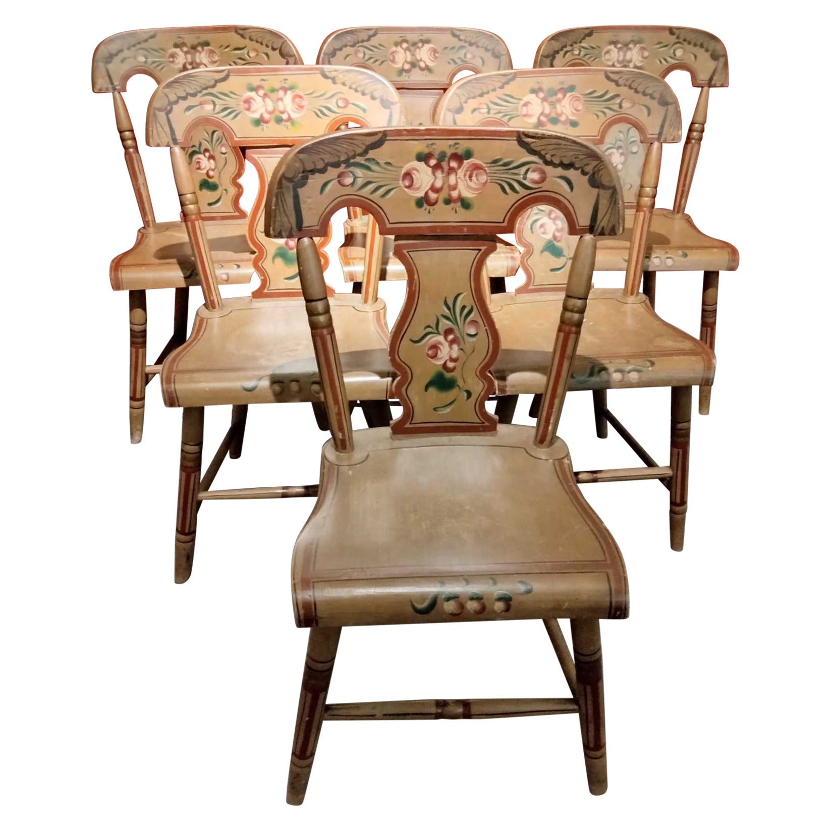 19Thc Original paint  decorated fiddle back plank bottom chairs from Lancaster County ,Pennsylvania. Signed G. Nees made in Manheim,Pennsylvania. These chairs are so comfortable and sturdy. Amazing undisturbed surface and a wonderful patina.