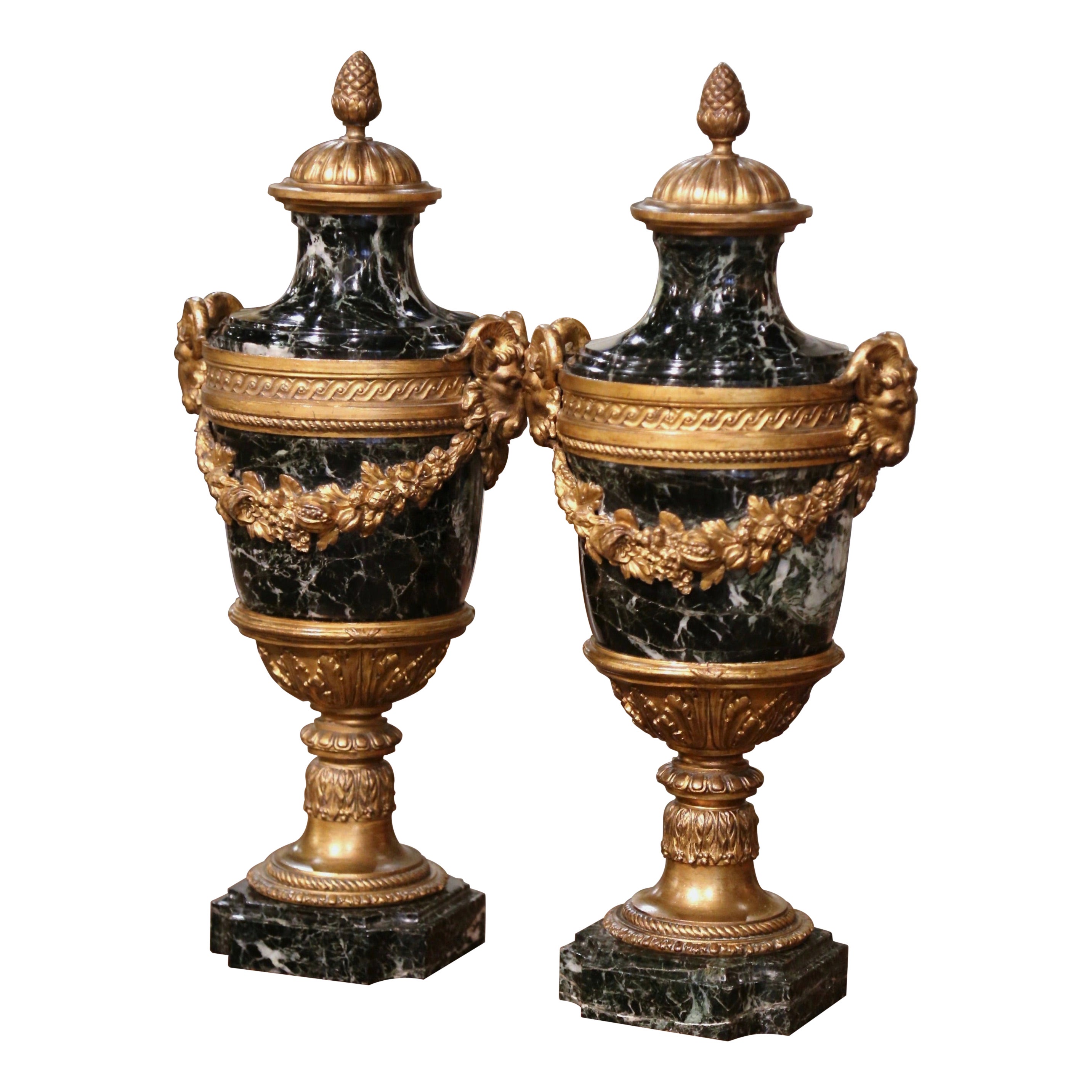Pair of 19th Century French Carved Green Marble and Bronze Cassolettes