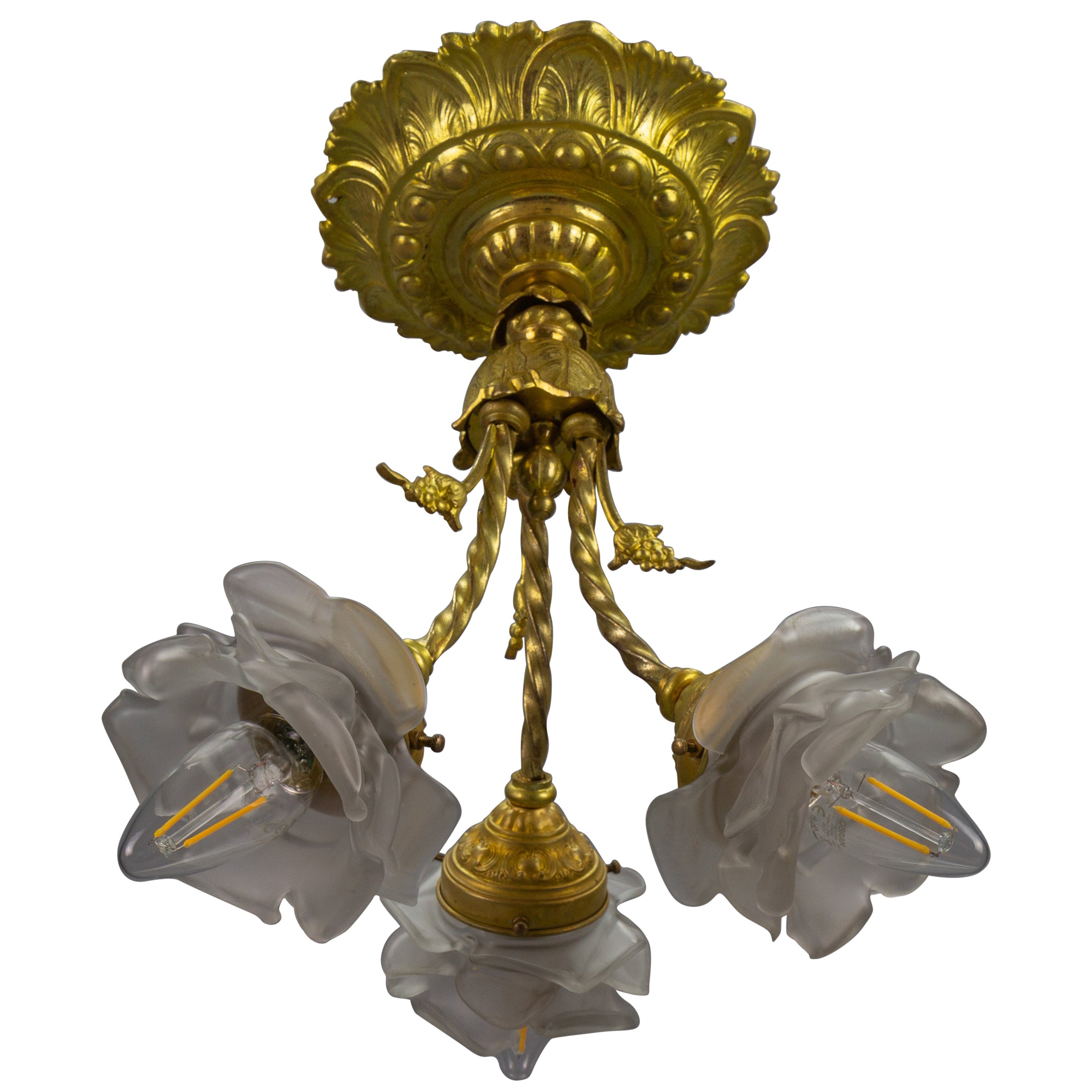 French Neoclassical Style Bronze and Glass Ceiling Light Fixture, 1920s For Sale