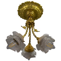 French Neoclassical Style Bronze and Glass Ceiling Light Fixture, 1920s