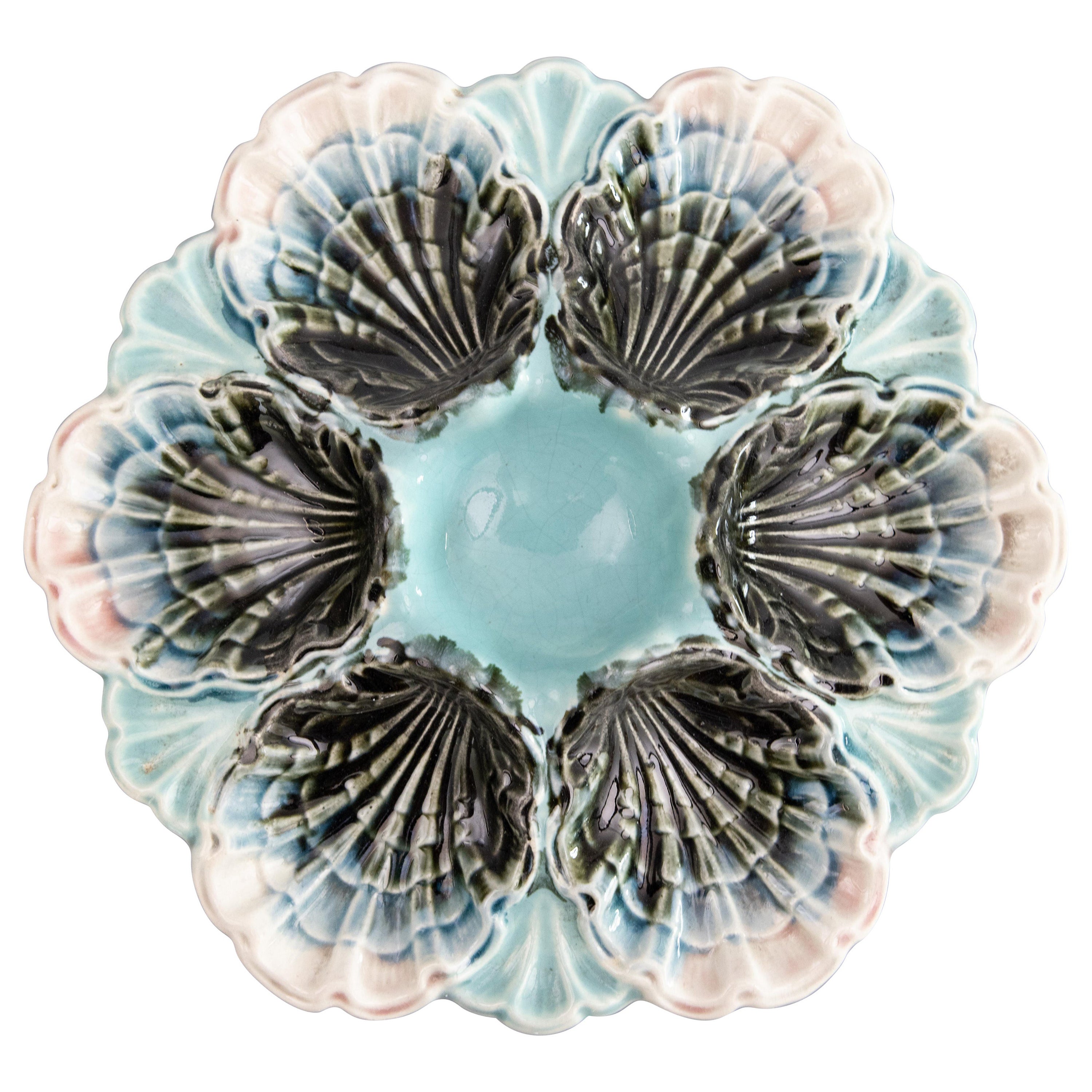 French Fives-Lille Majolica Turquoise Oyster Plate, circa 1890 For Sale