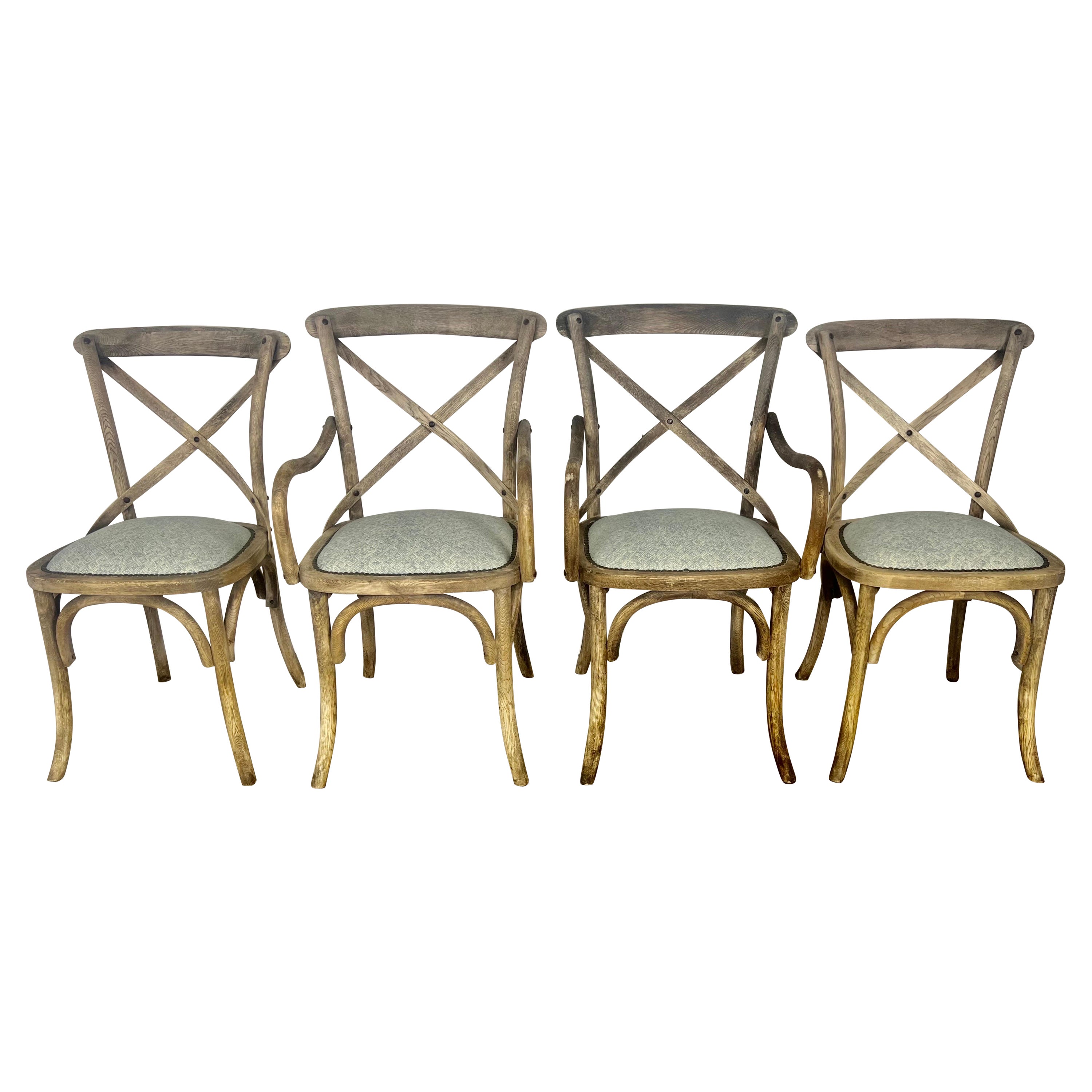 Set of Four Primitive Dining Chairs w/ Linen Seats For Sale