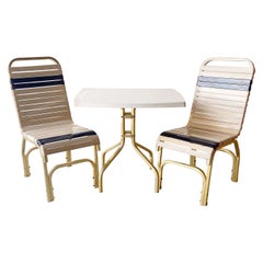 Used Miami Gold Beige & Blue Metal Poolside Chairs and Table - 3 Pieces